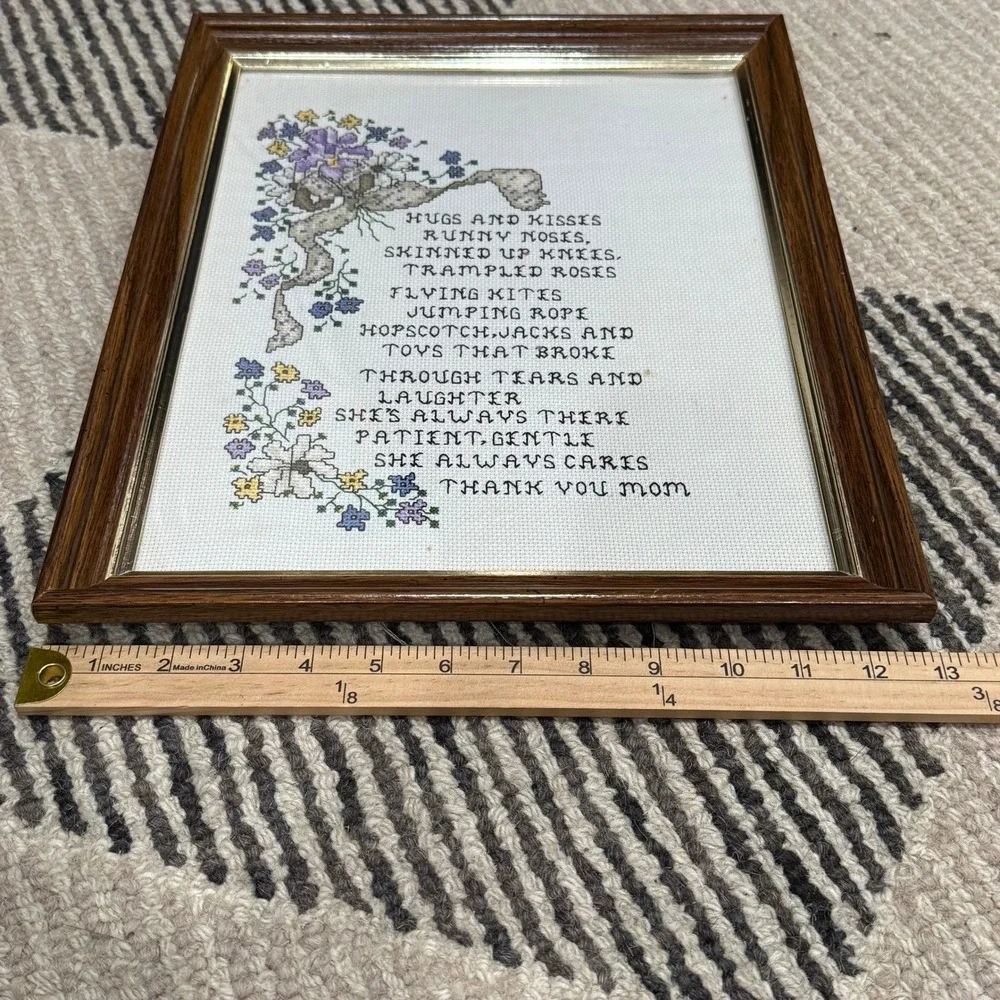 Vintage Handmade Cross Stitch Framed Wall Art Thank You Mom Poem Floral Decor‎